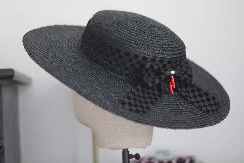 Mia black straw hat with velvet ribbon