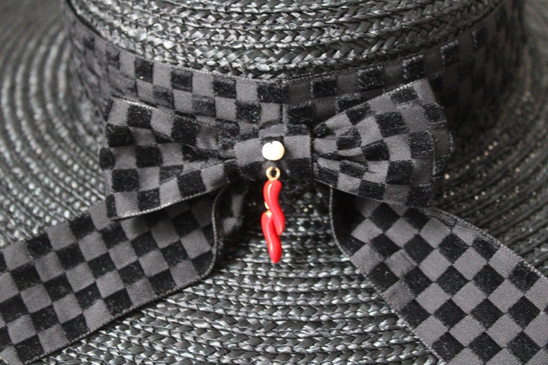 Mia black straw hat with velvet ribbon