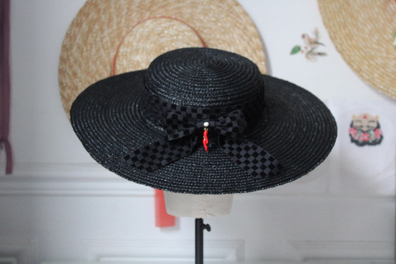 Mia black straw hat with velvet ribbon